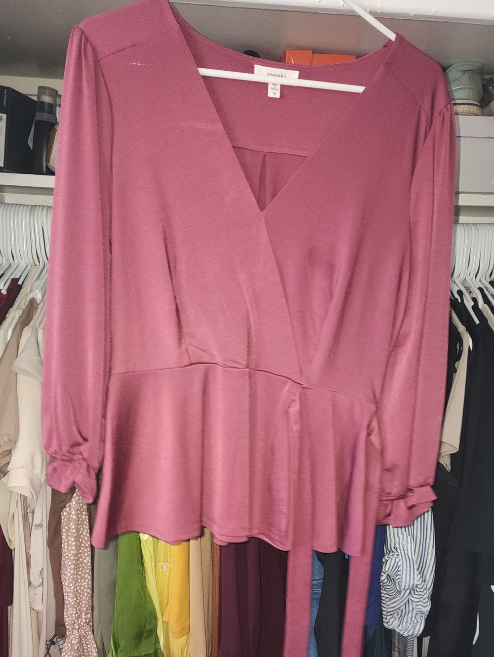 meraki Dusty Rose Wrap Peplum Long-Sleeve Top